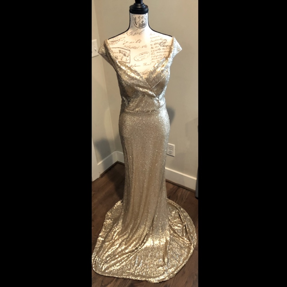 Gold sequin off the shoulder “revelry” dress